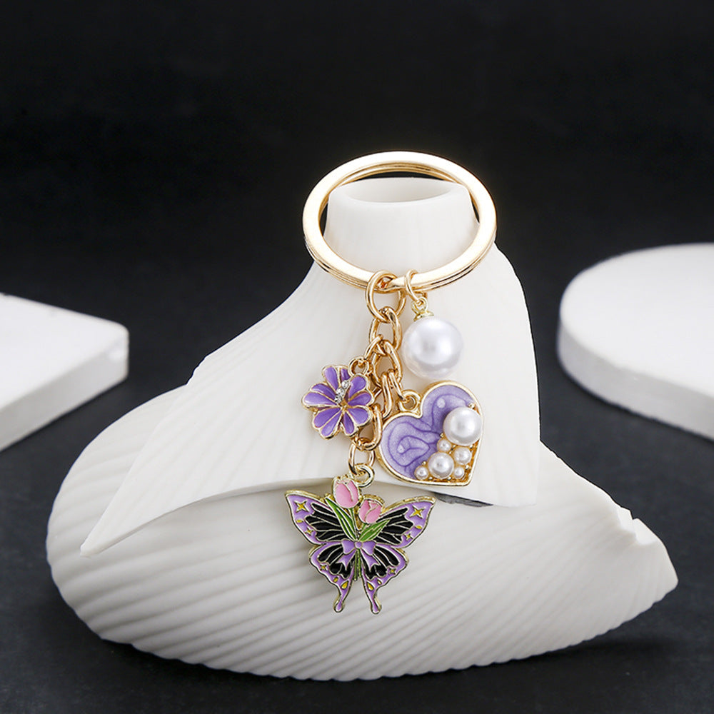 Wholesale New Product Oil Dropping Purple Love Pearl Simulation Tulip Flower Butterfly Keychain Jewelry Luggage Pendant