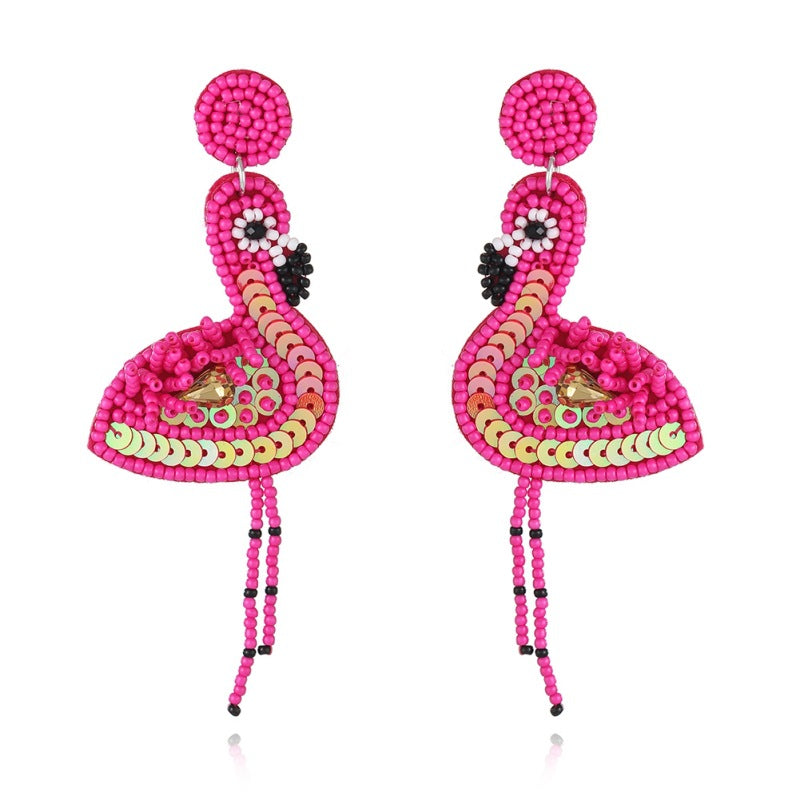 Wholesale Pink Flamingo Fabric Art Rice Beads Handmade Tassel Earrings