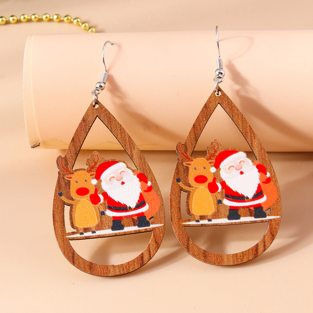 Wholesale Christmas Cartoon Santa Claus Drop Shape Wooden Earrings