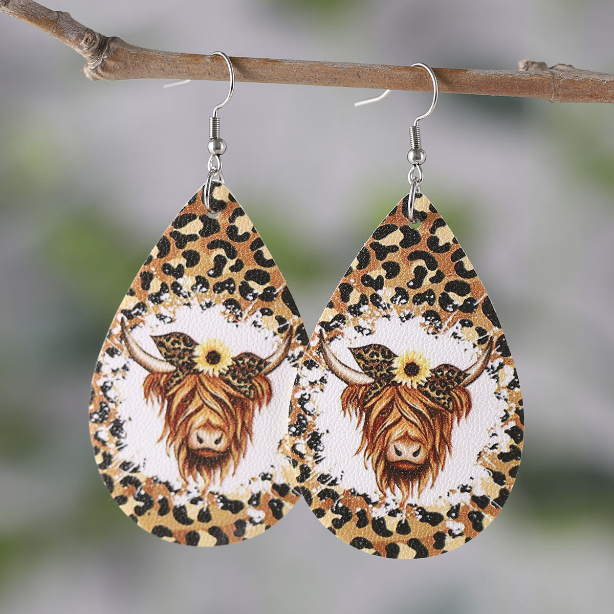 Wholesale Western cowboy double-sided PU leather water drop leopard print earrings