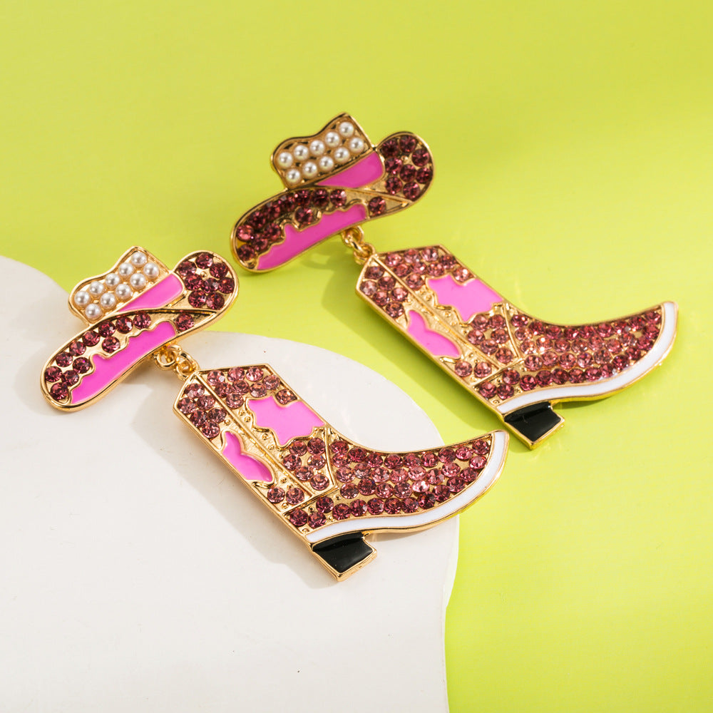 Wholesale Western style diamond cowboy boots and exaggerated colored diamond earrings