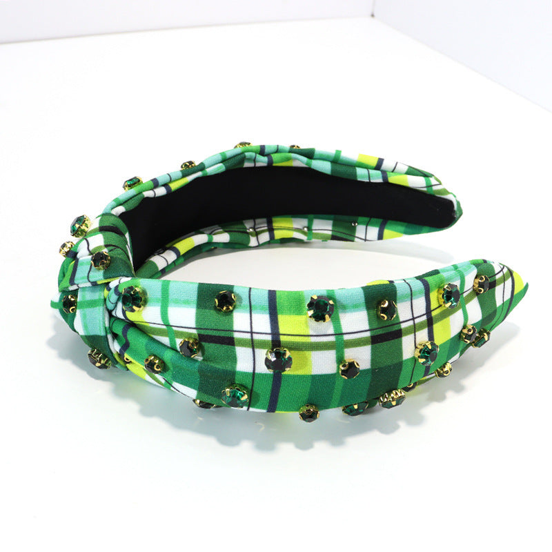 Wholesale Diamond Check Headband Retro Wide-rim Printed Plant Clover Knotted Headband Holiay Hair Accessories