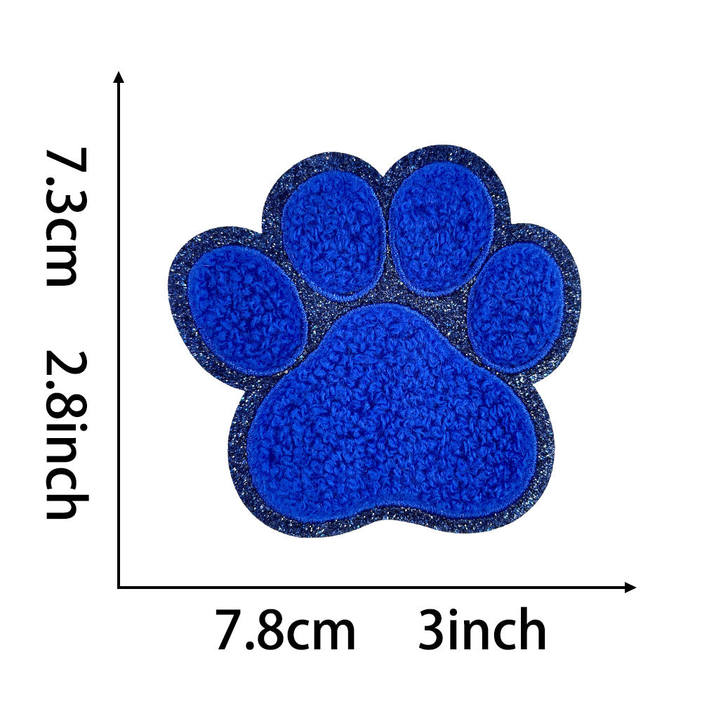 Wholesale Dog Paw Glitter Chenille Embroidered Patch Heat Activated DIY Applique For Shoes Hats And Pet Decor