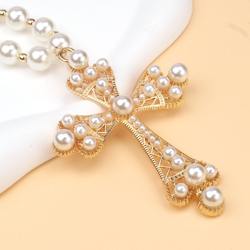 Wholesale Pearl Sweet Cool Dark Style Cross Pendant Clavicle Necklace