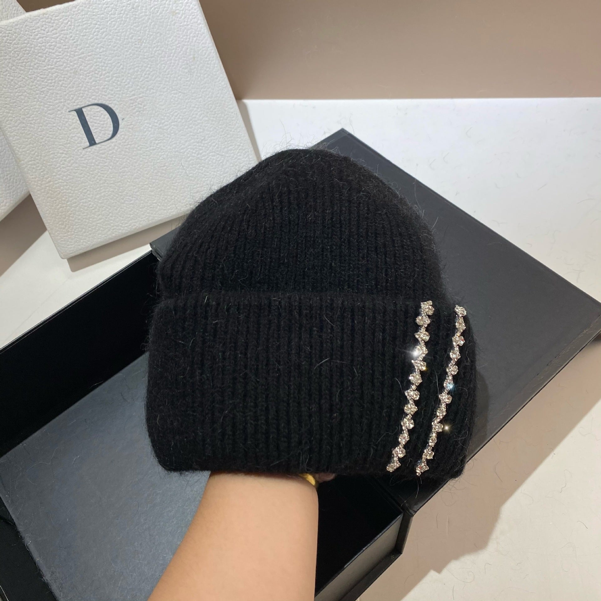 Wholesale Long Rabbit Fur Bi-fold Knitted Rhinestone Beanie