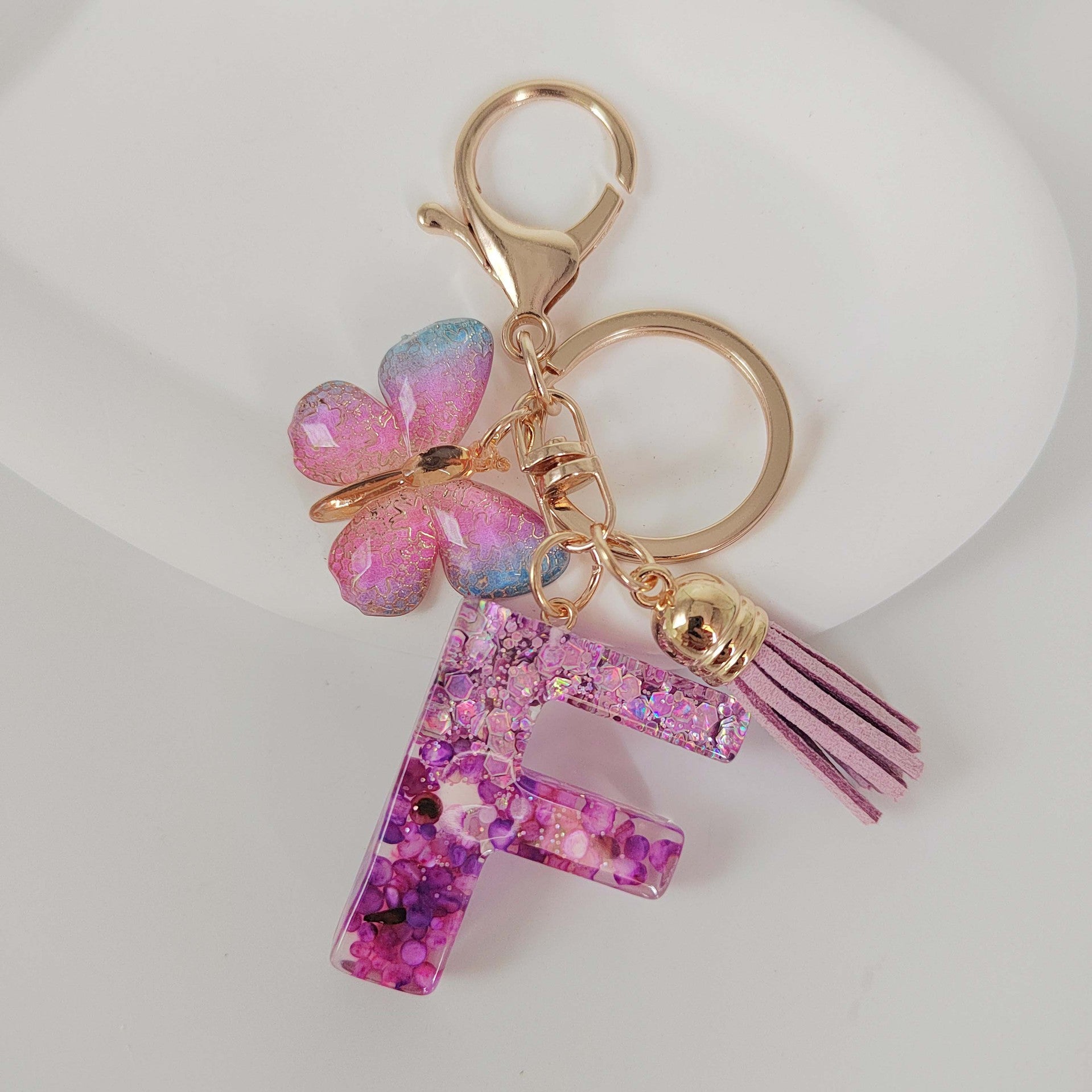 Wholesale Purple Illusion Color Double Glue Letter Glitter Tassel Keychain