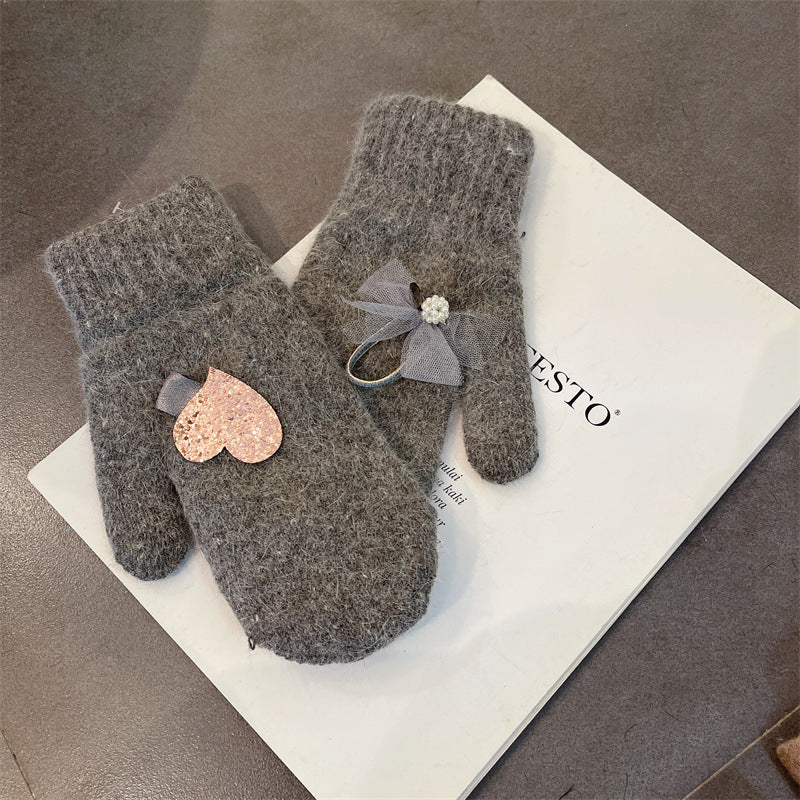 Wholesale Christmas Bowknot Peach Heart Bag Finger Cashmere Gloves