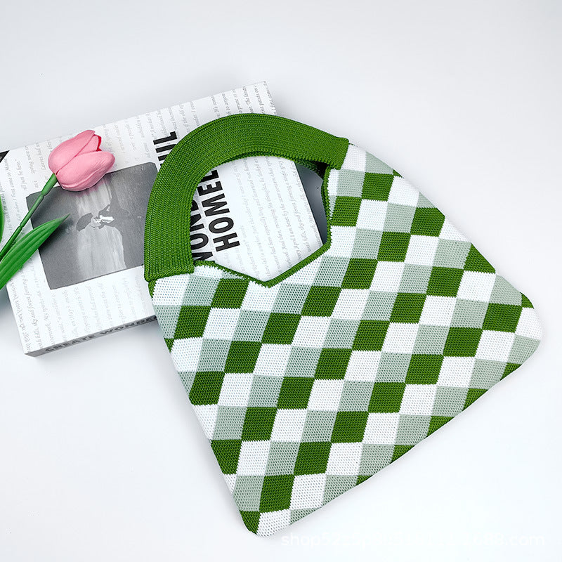 Wholesale Small solid color diamond woven bag, waffle texture knitted bag, checkerboard shoulder bag