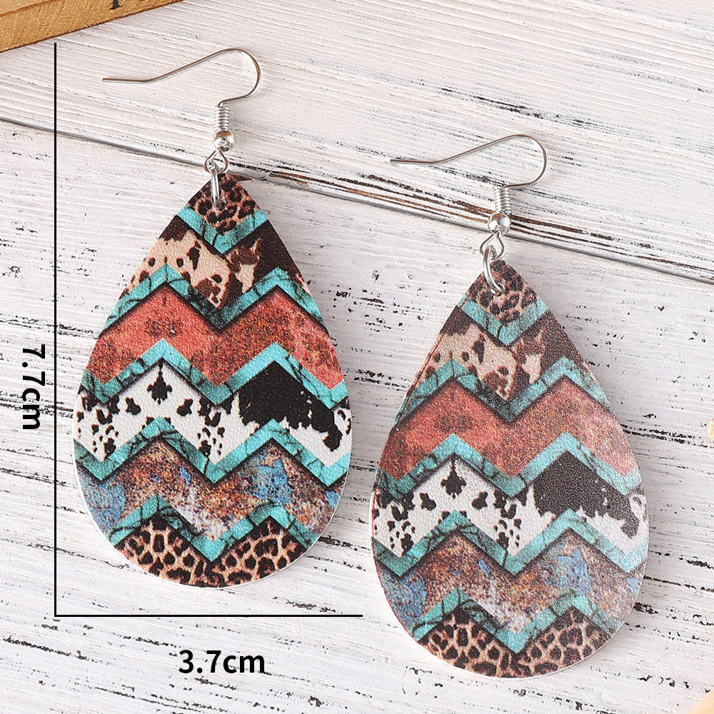 Wholesale Western-style leopard-print turquoise drop leather double-sided earrings
