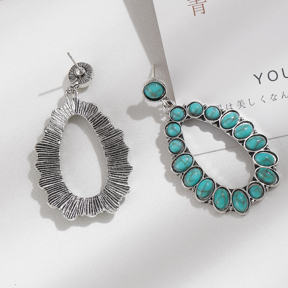 Wholesale Exaggerated retro oval turquoise teardrop-shaped hollow earrings