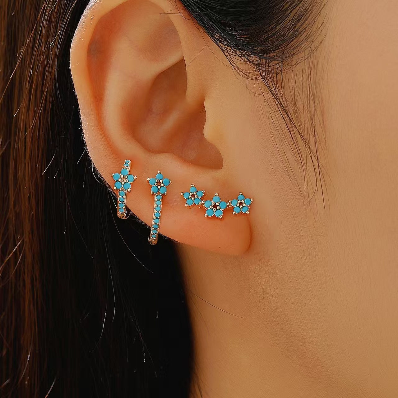 Wholesale Three piece set of asymmetrical earrings for stars and moon