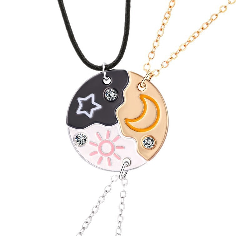 Wholesale Star Moon Three Person Stitching Round Oil Drop Necklace