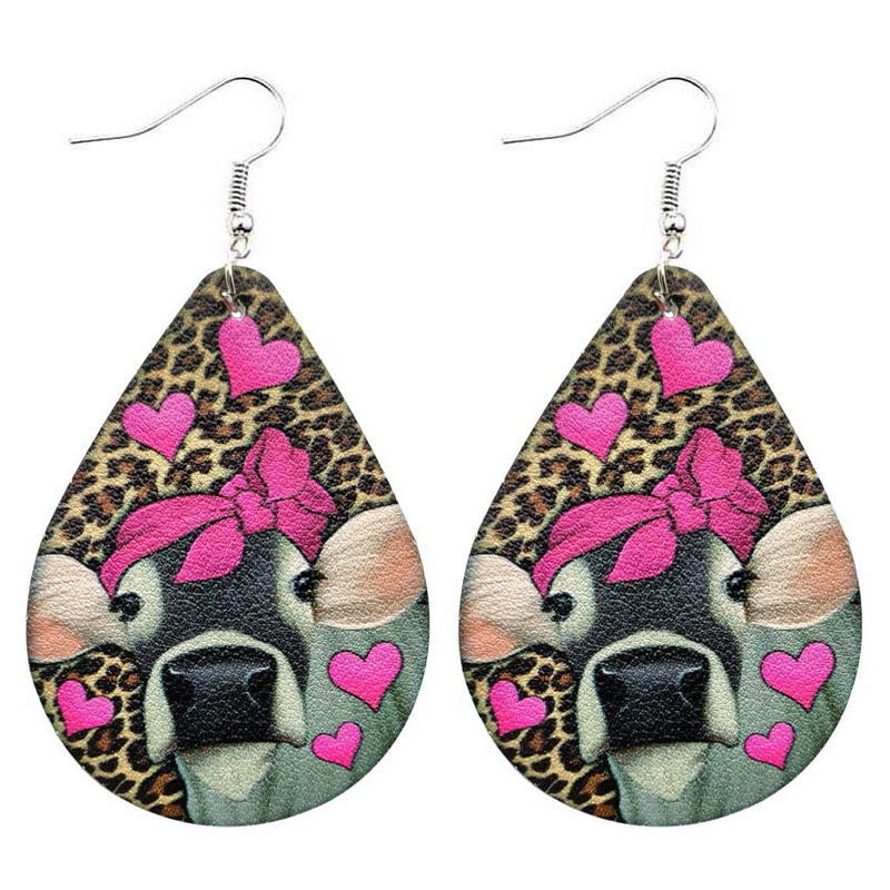 Wholesale Western Style Leopard Print Cow Head Flower Heart Valentine's Day Leather Drop Earrings