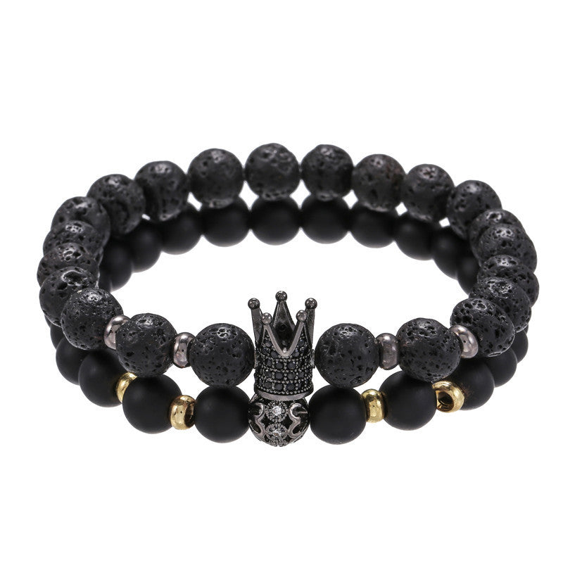 Wholesale Black Matte Stone Lava Stone Zircon Crown Bracelet