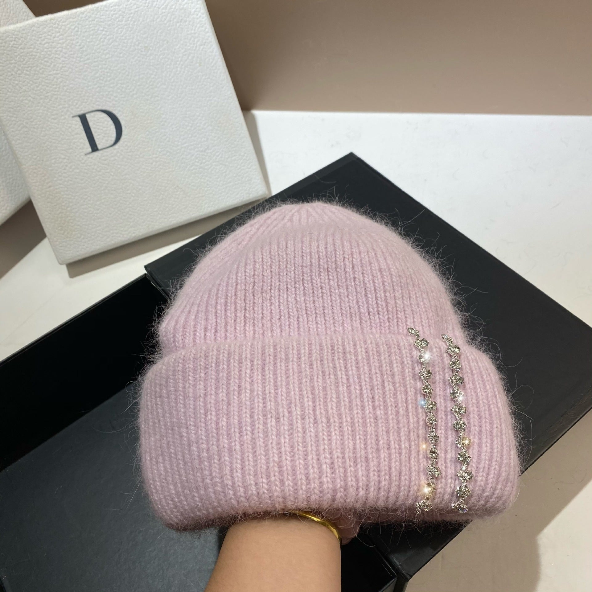 Wholesale Long Rabbit Fur Bi-fold Knitted Rhinestone Beanie