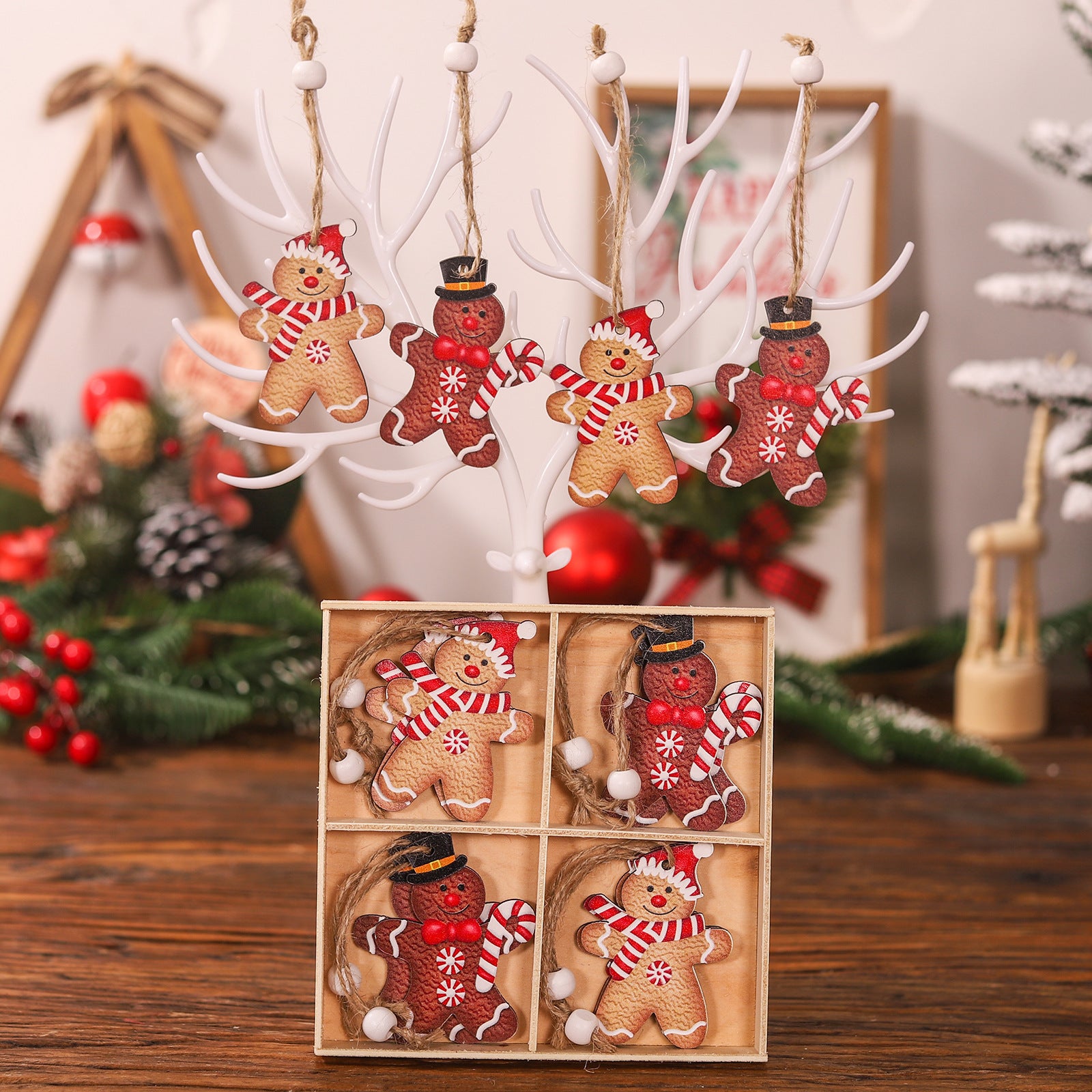 Wholesale Four Square Grid 12pcs Wooden Gingerbread Man Christmas Pendant