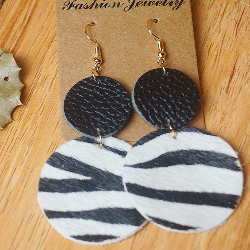 Wholesale 2pcs Cow Grain Leather Top Layer Cowhide Round Water Droplet Cow Head Retro Horsehair Quality Texture Fashionable Earrings