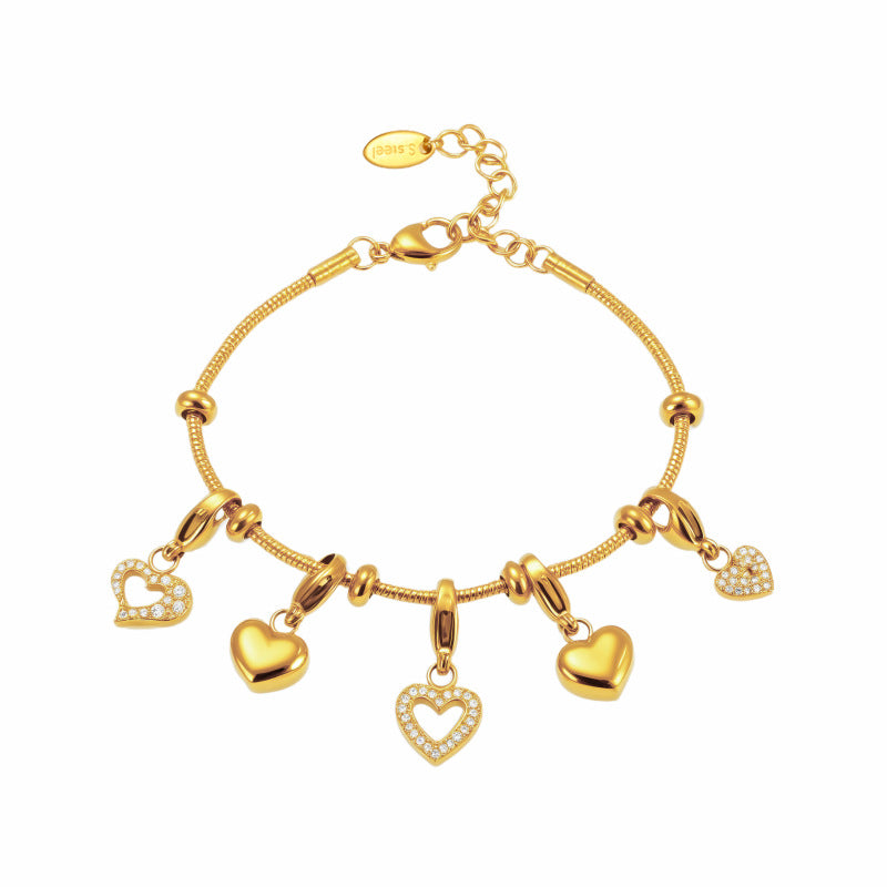 Wholesale 18K real gold stainless steel round bead heart shining zircon bracelet