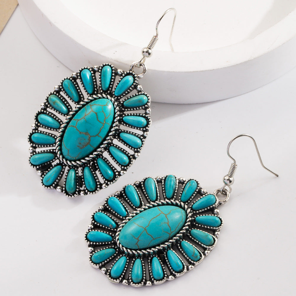 Wholesale Vintage Bohemian Turquoise Geometric Exaggerated Leather Earrings