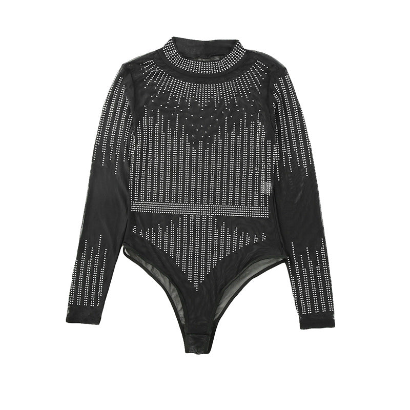 Wholesale Black Rhinestone Transparent Mesh Long Sleeved Jumpsuit with Hollowed Out Tight Fitting Clothing