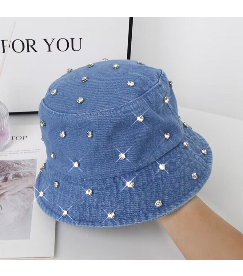 Wholesale Washed Denim Sun Protection Fisherman Hat with Rhinestones