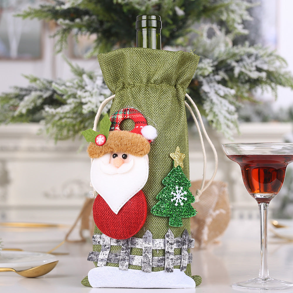 Wholesale Christmas Linen Snow Cartoon Drawstring Wine Bottle Sets