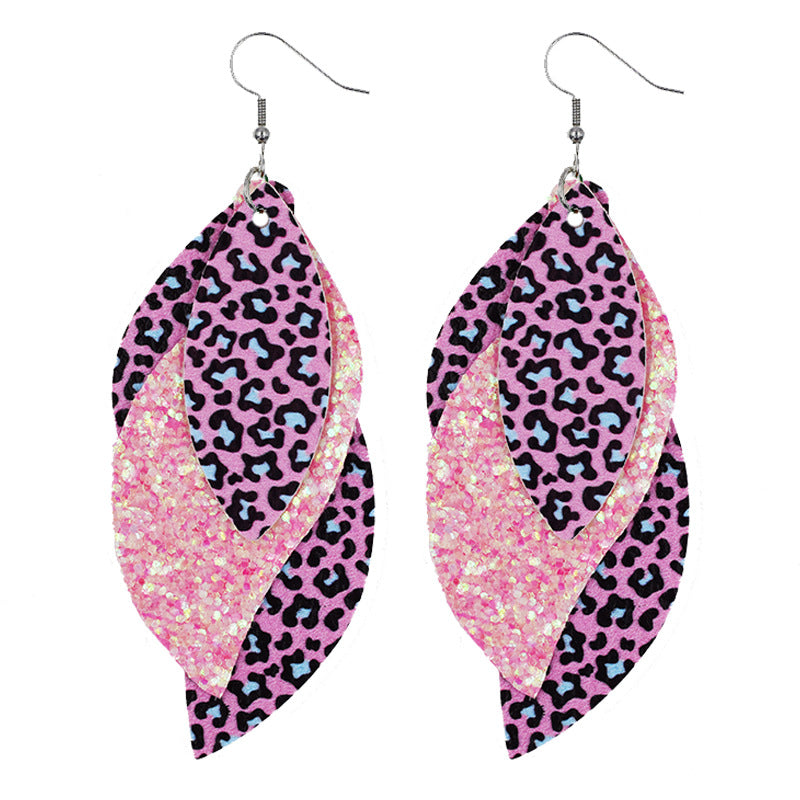 Wholesale S-Shaped Leather Earrings Leopard Print Earrings Sequin Ear Pendants