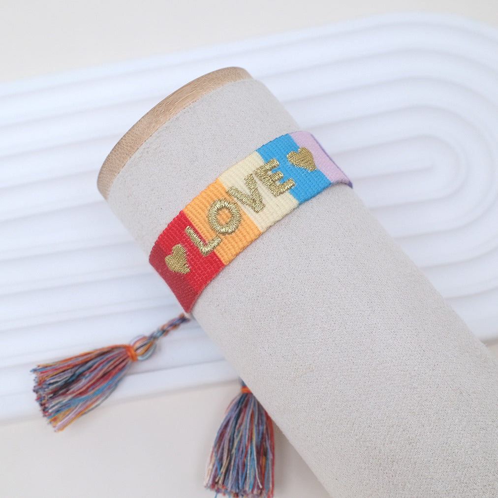 Wholesale Cord Embroiderable Logo Ethnic Style Letter Woven Tassel Bracelet