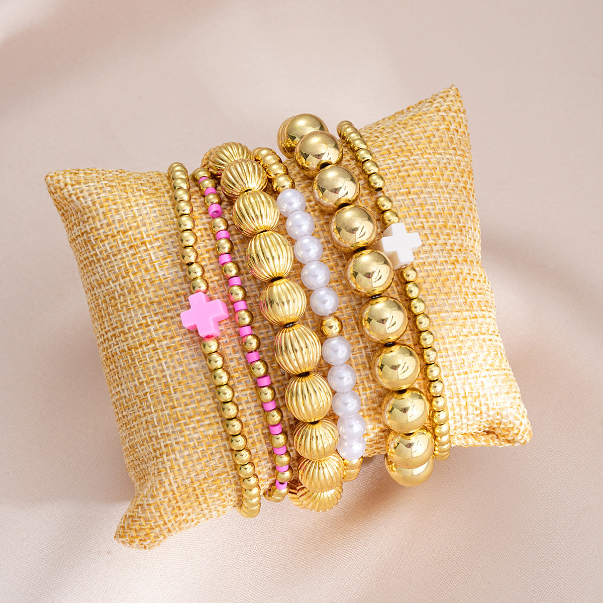 Wholesale Colorful Fashion Dopamine Cross Pearl Bracelet 6-piece Set