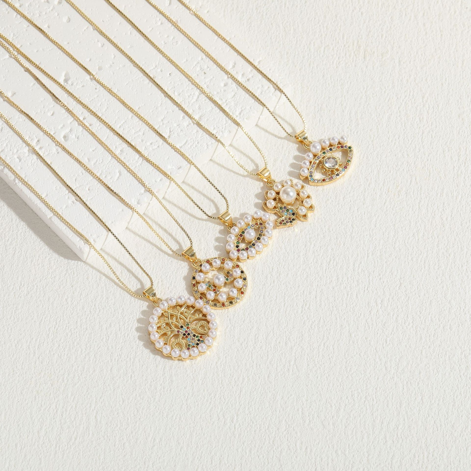 Wholesale Life Tree Demon Eye Zircon Pearl Pendant Copper Necklace