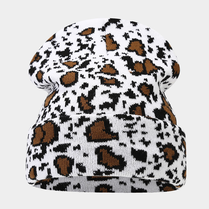 Wholesale Cow Pattern Leopard Jacquard Knitted Hat Thickened Warm Wool Hat