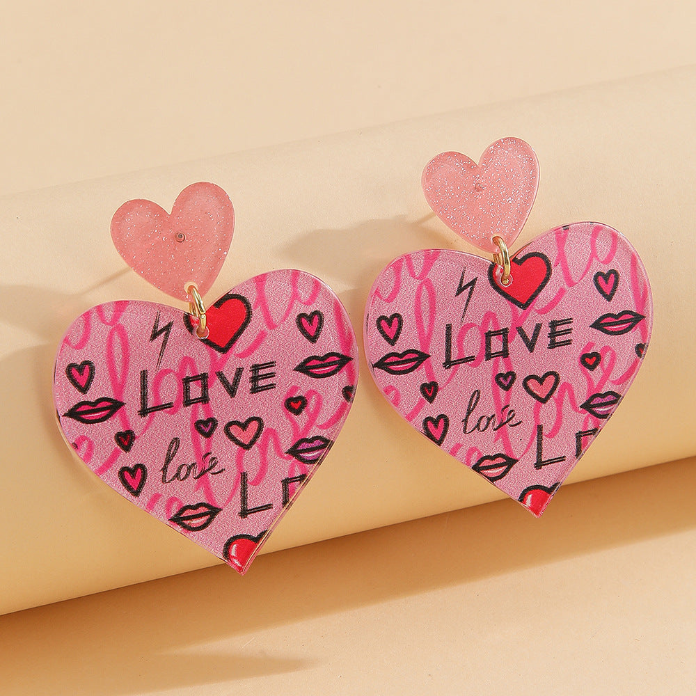 Wholesale Valentine' s Day love pink leopard print glitter Acrylic Earrings
