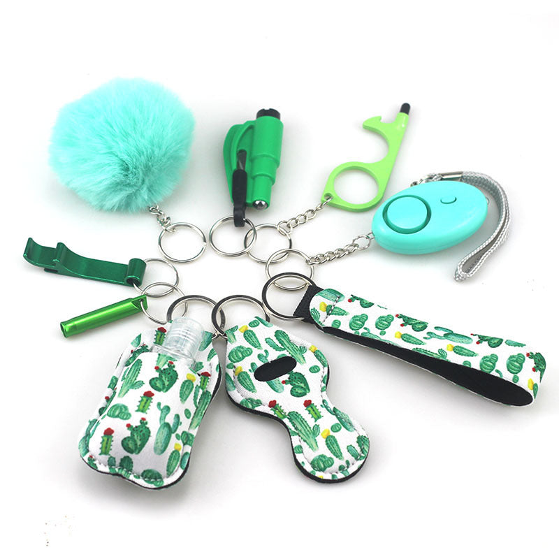 Wholesale Bottle Opener Whistling Hand Sanitizer Leather Case Wool Ball Key Chain Set