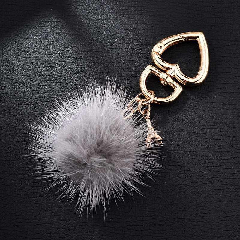 Wholesale mink fur love keychain elegant fur small pendant fur ball alloy love keychain