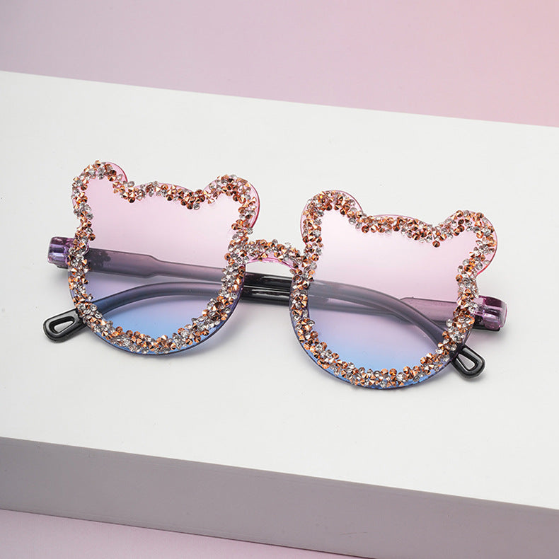 Wholesale Frameless Handmade Diamond Bear Ball Candy Color Sunglasses