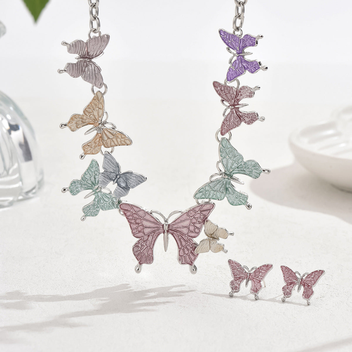 Wholesale New Colorful Butterfly Necklace Earrings Fresh and Sweet Jewelry Set