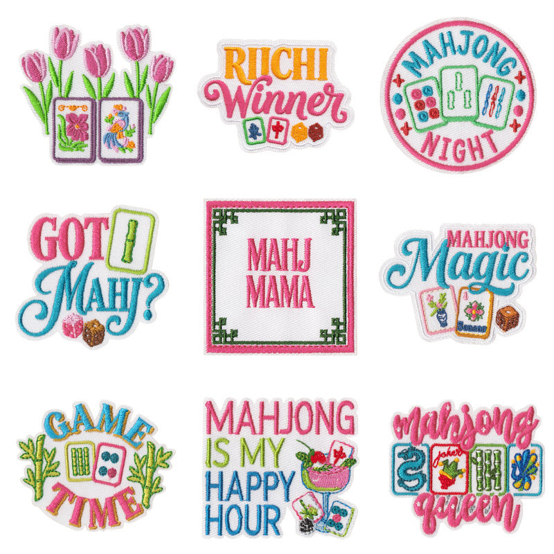 Wholesale Mahjong Embroidered Iron On Patches 9 Piece English Slogan Set For Outerwear DIY Boutique Gift