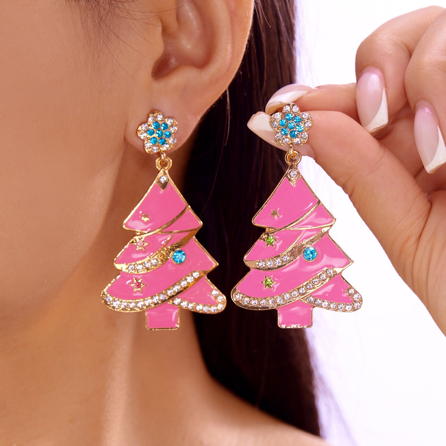 Wholesale Sweet-style rhinestone Christmas tree earrings