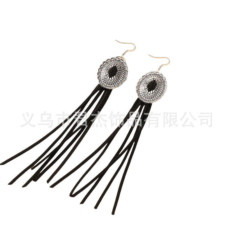 Wholesale Vintage Long Leather Tassel Bohemian Earrings