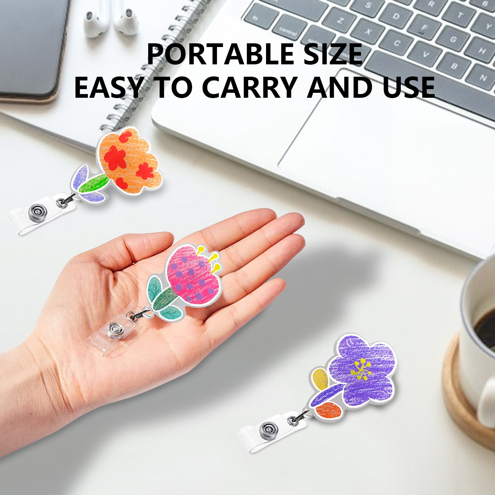 Wholesale Painted flower medical acrylic rotating retractable badge roll keychain
