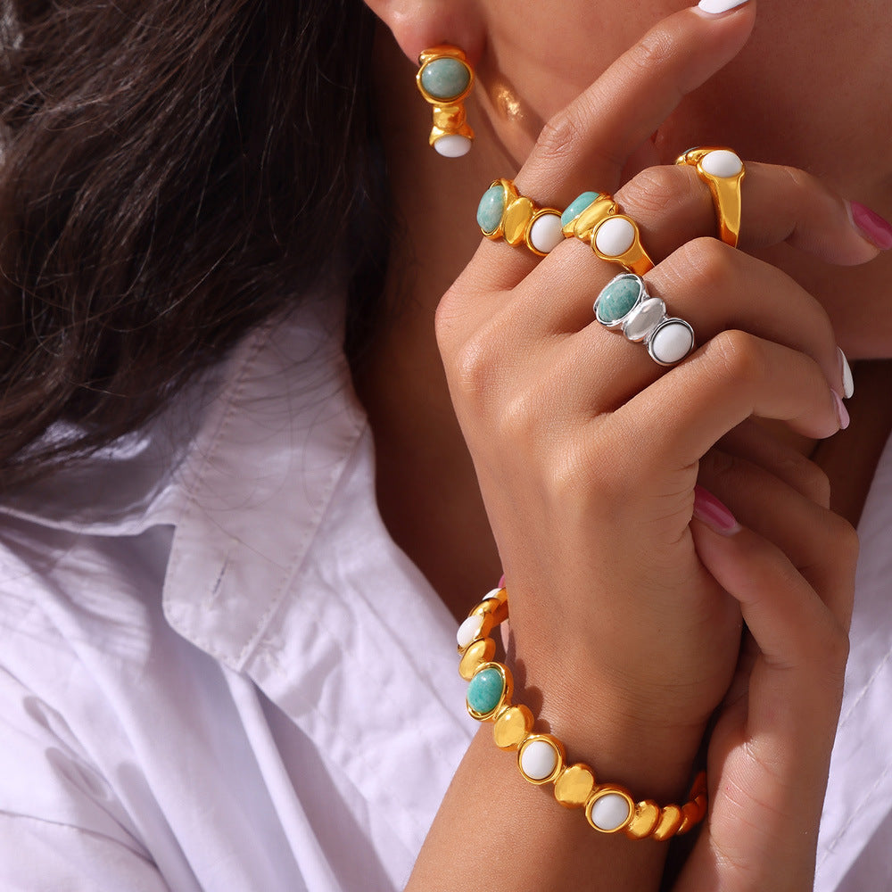 Wholesale Geometric inlaid natural stone stitching round beads titanium steel jewelry set