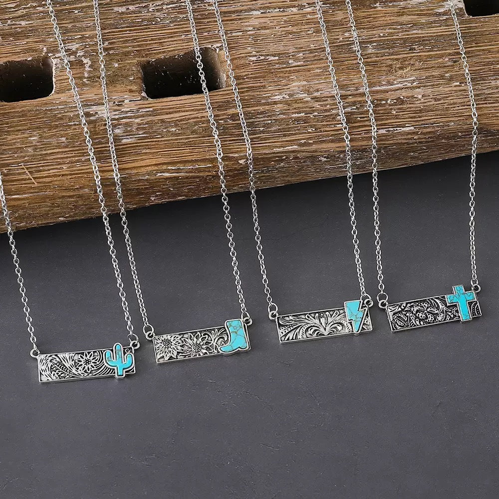 Wholesale Vintage Boho Turquoise Cactus Cross Pendant Necklace Western Cowboy Style Jewelry Accessory