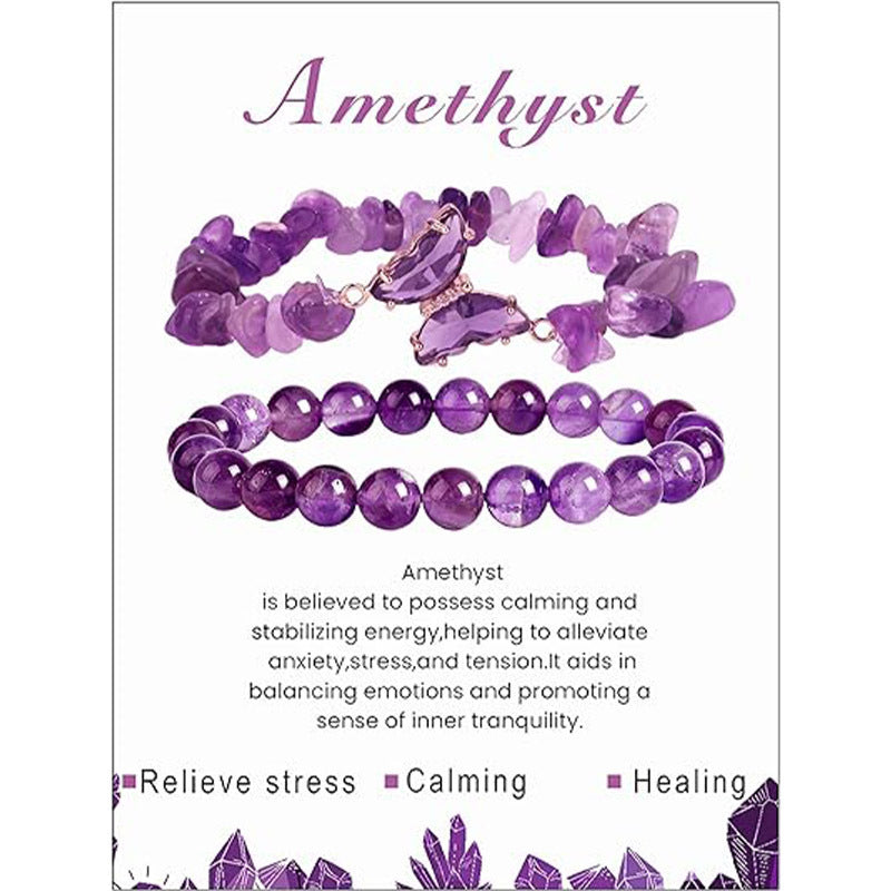 Wholesale Trendy Natural Stone Stretch Bracelet Set For Women Butterfly Amethyst Jewelry Gift