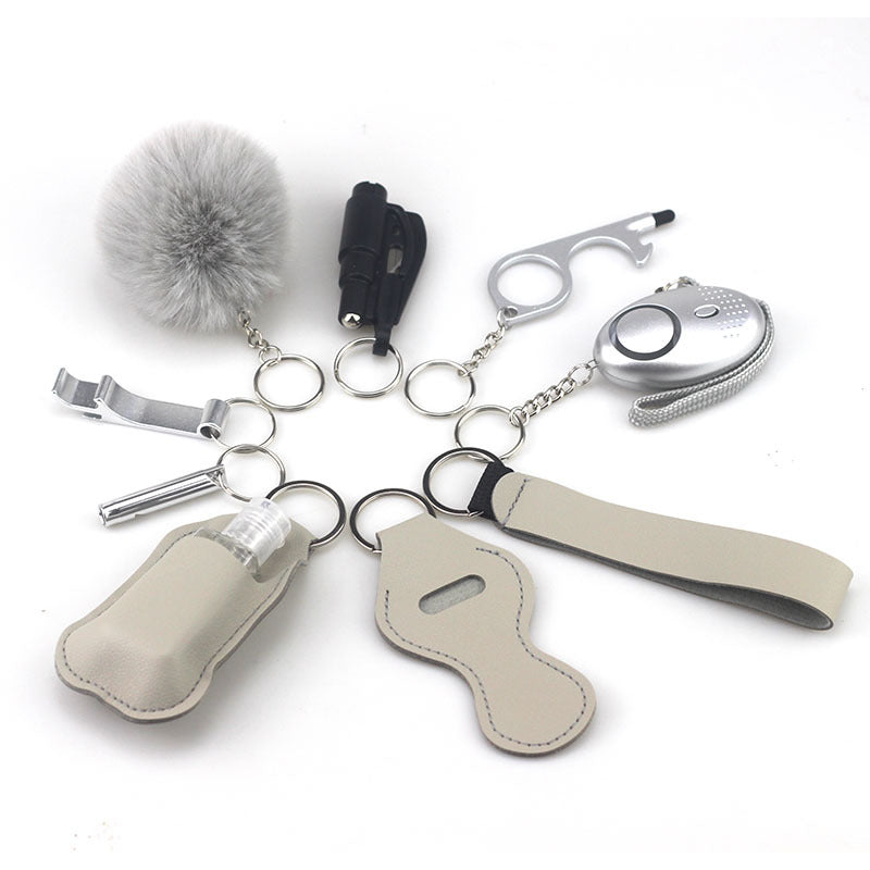Wholesale Bottle Opener Whistling Hand Sanitizer Leather Case Wool Ball Key Chain Set