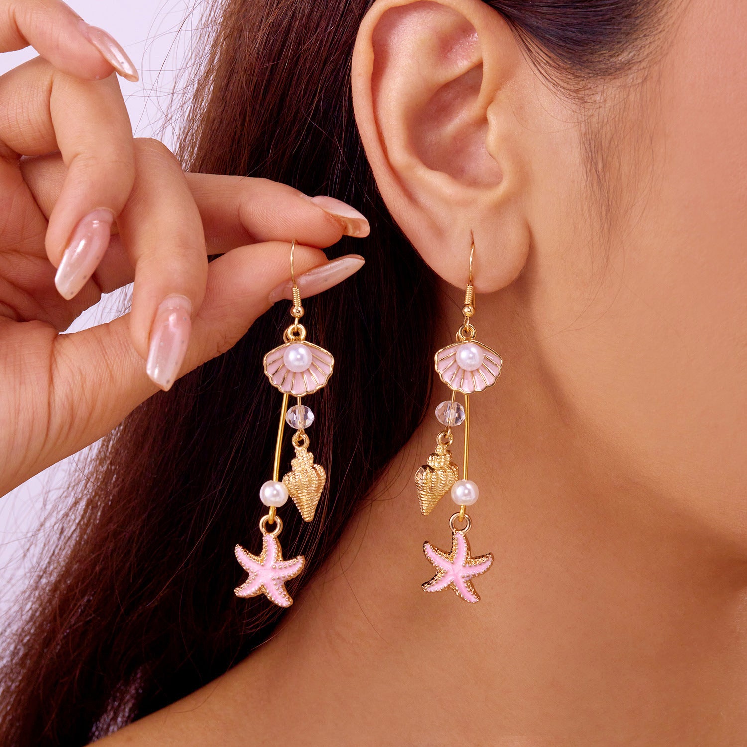 Wholesale Summer Fresh Conch Shell Starfish Long Pearl Tassel Earrings