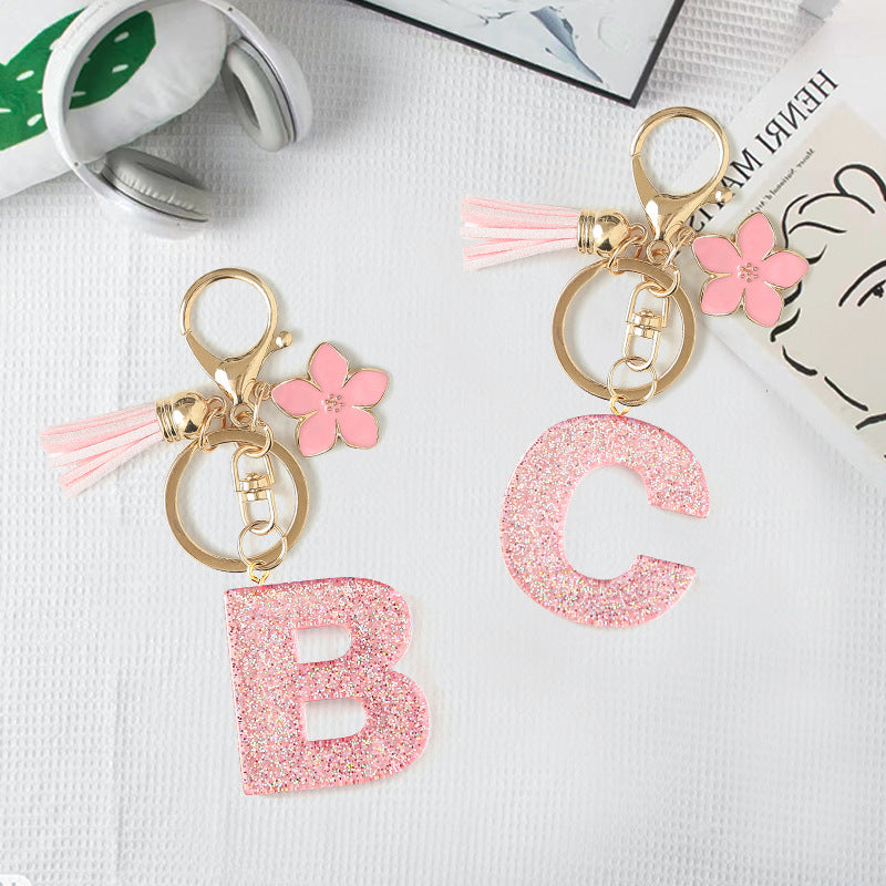 Wholesale Pink 26 letter Sparkling Pink Flower Tassel Keychain
