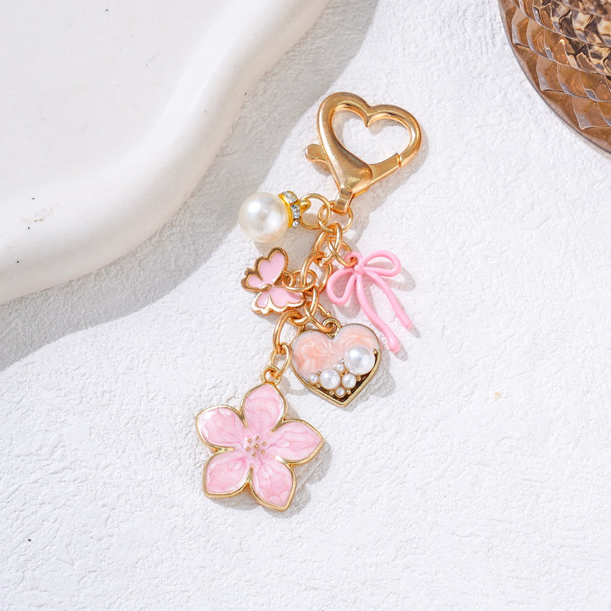 Wholesale Enamel Flower Keychain Butterfly Love Inlaid Pearl Pendant Bag Pendant