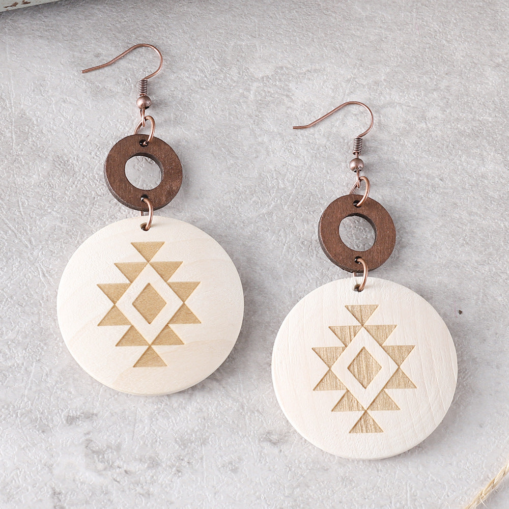 Wholesale Bohemian Western Style Cactus Sun Aztec Pattern Wooden Laser Disc Stitching Earrings