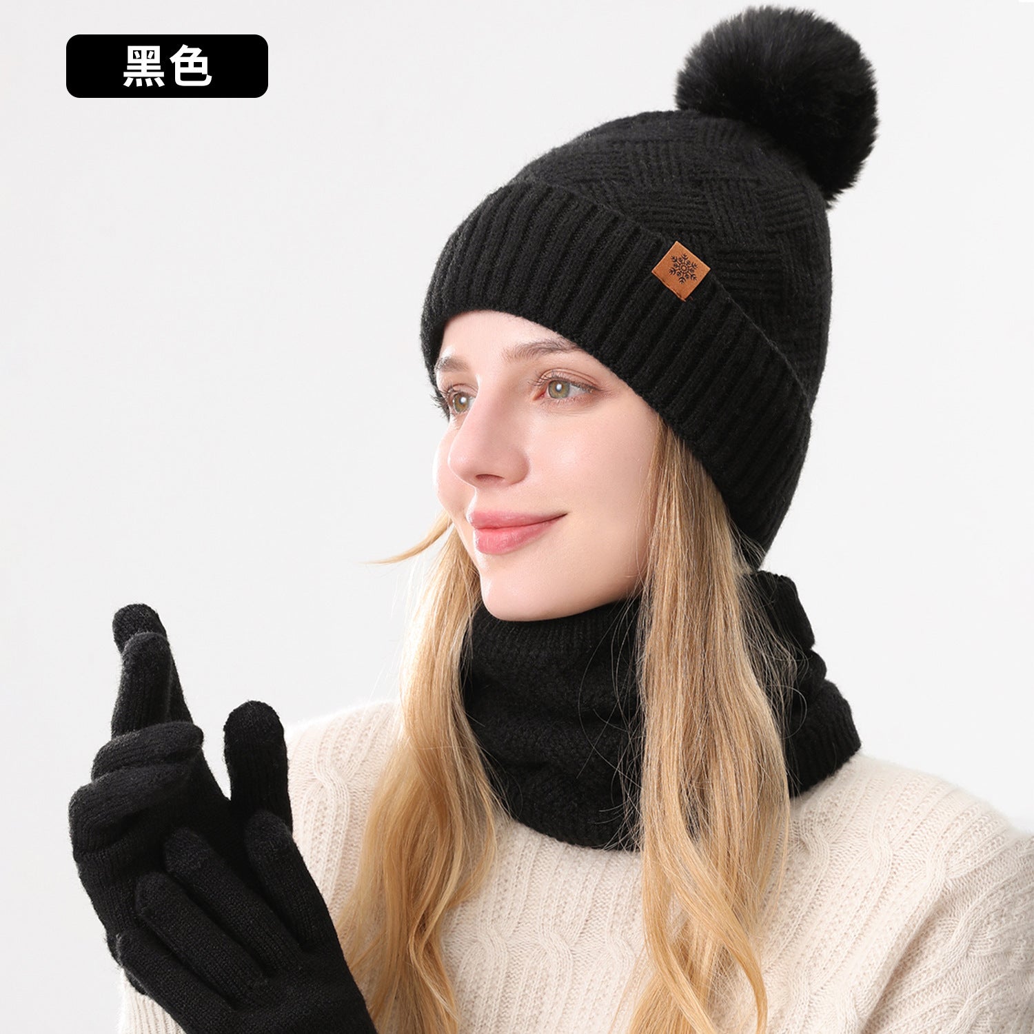 Wholesale Women' s knitted hat winter cold-proof double-layer f outdoor warm knitted hat f gloves three-piece set