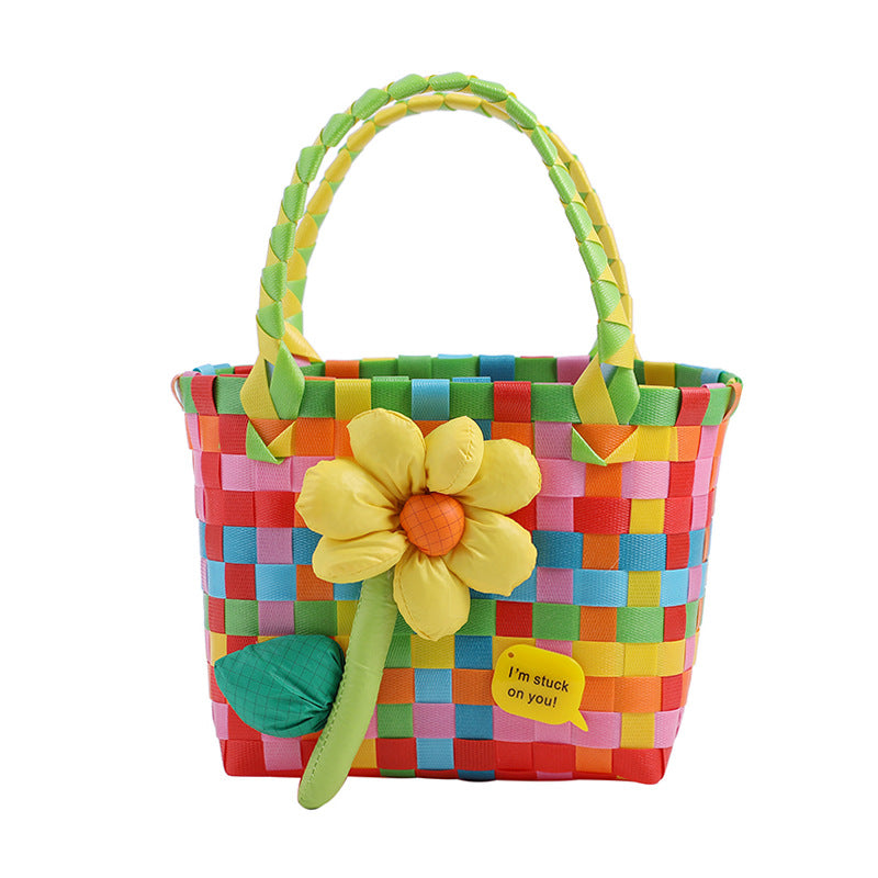 Wholesale Children's flower cute summer beach colorful literary hand-woven handbag